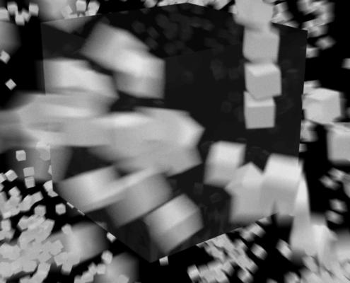 Frame of a big white 3D cube exploding, and holding the black interactive table inside.