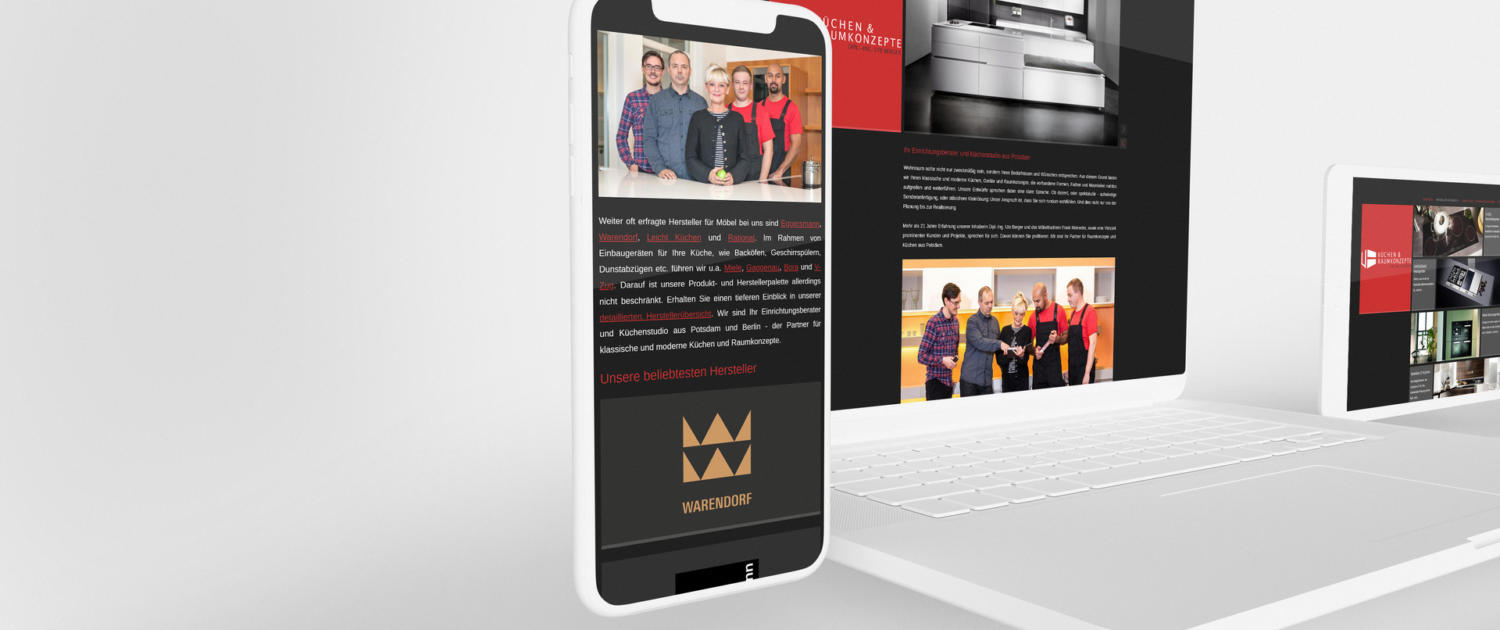 Responsive website on three white devices shows the created corporate design