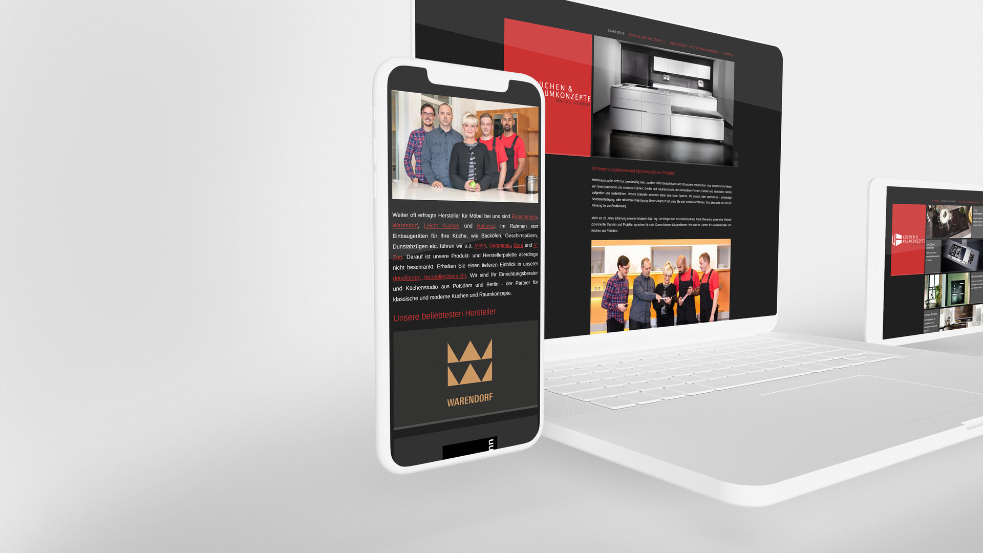 Responsive website on three white devices shows the created corporate design