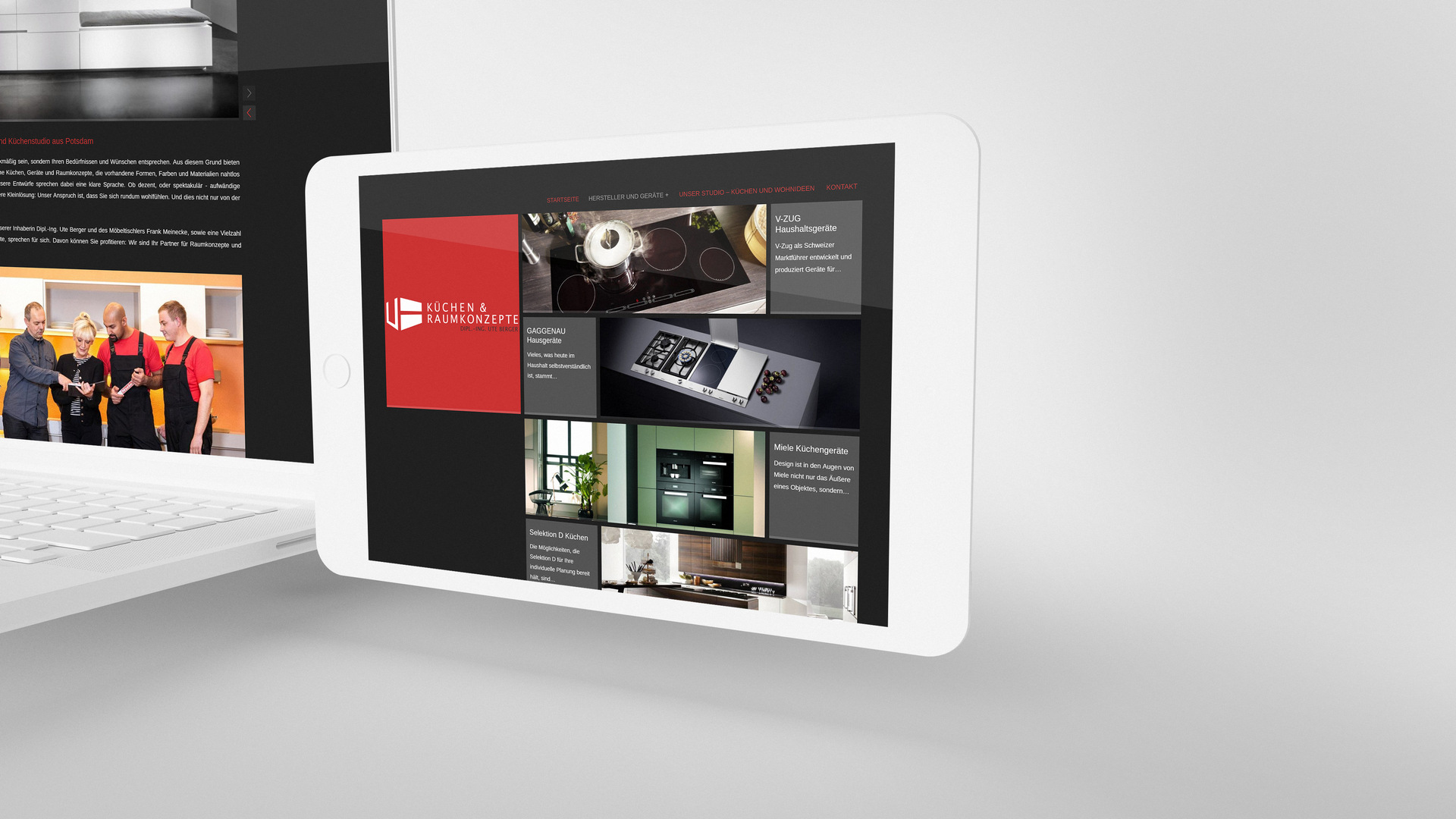 Showing the corporate design of a website on a stylized white iPad with a white notebook in the background