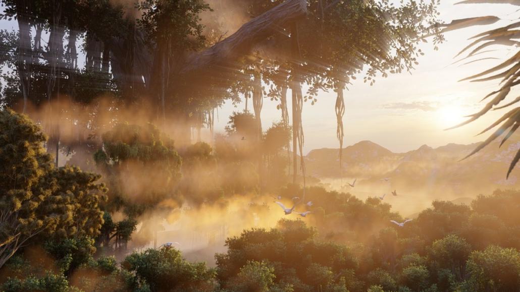 A 3D rendering of a dreamlike, jungle-like landscape in long shot. In the background are mountains and above them the evening sun, which illuminates the slightly foggy jungle in a warm, volumetric light, creating a very romantic and peaceful mood. A group of white migratory birds is just flying over the jungle towards the sun.