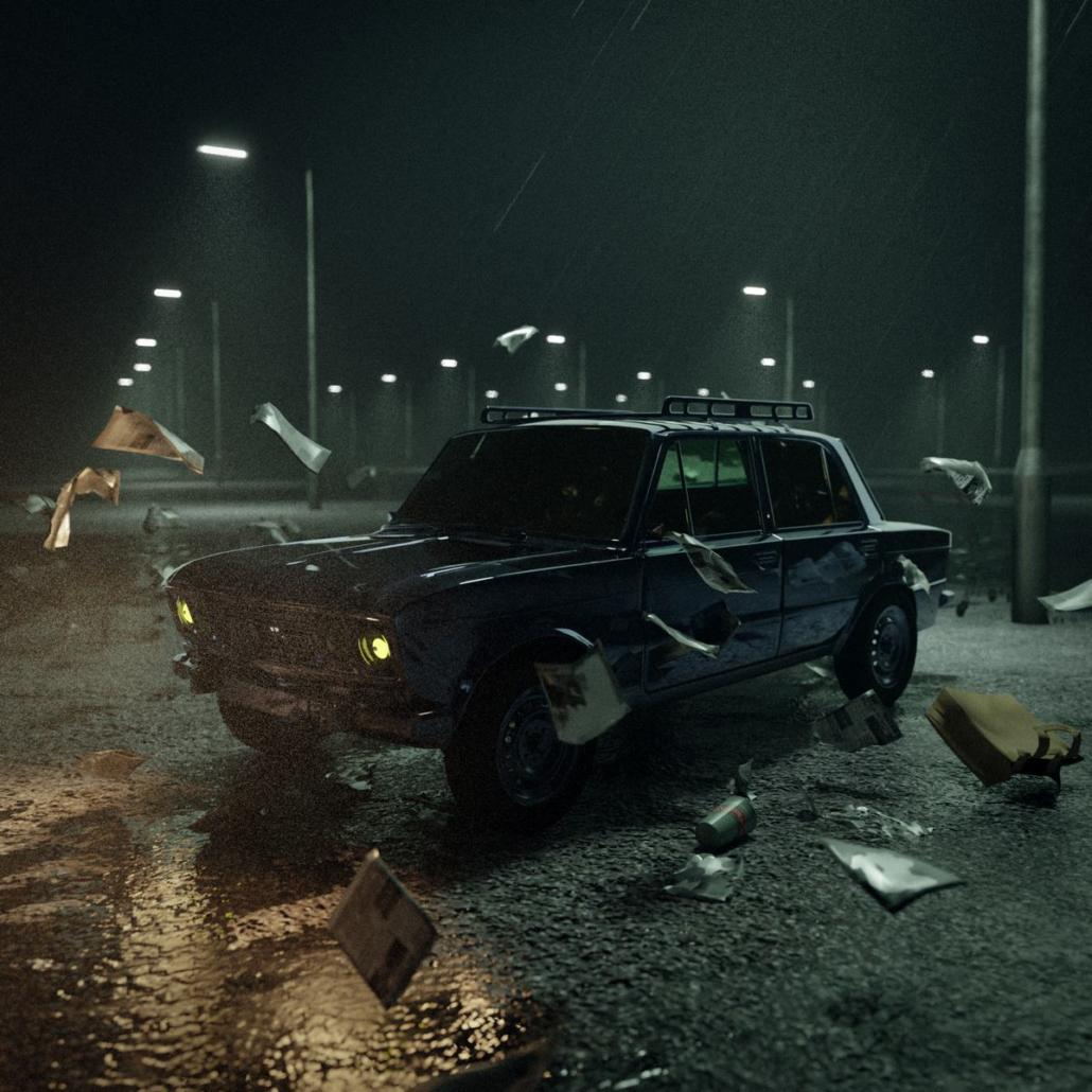 In the middle of the picture there is a car on a deserted street, which casts yellow headlights to the left. It is night, the street lights are giving pitiful light and it is raining. The wind blows several wrappers and newspaper sheets lying around. This is an example of the work of a 3D animation studio from Berlin.