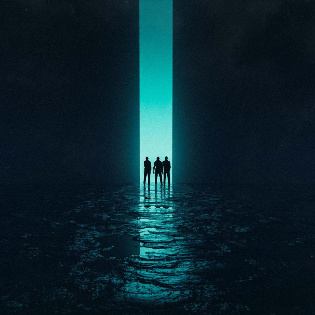 We see in this image the silhouettes of three human characters in the center of the picture. They are standing in a pitch-black room, which is illuminated only by a turquoise light coming from a column of light running vertically and centrally through the image in the background. The people stand on a muddy, reflective black background.