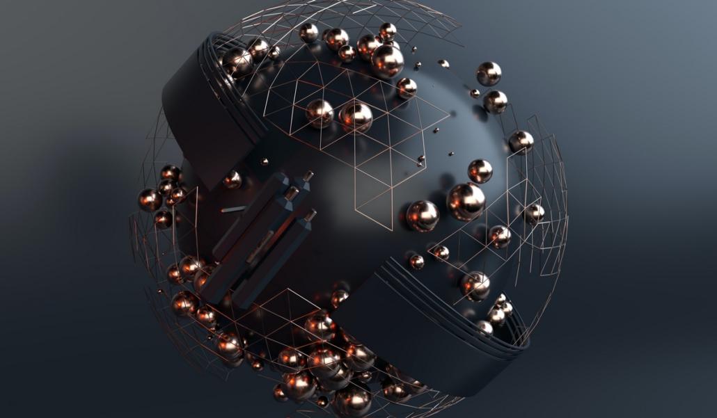 A floating anthracite-colored sphere can be seen against an anthracite-colored background, around which smaller spheres and lattice structures in bronze - like a molecular connection - float, whereby the smaller spheres vary in their arrangement as well as in their size. The main sphere is also surrounded by an anthracite-colored sheet metal structure.
