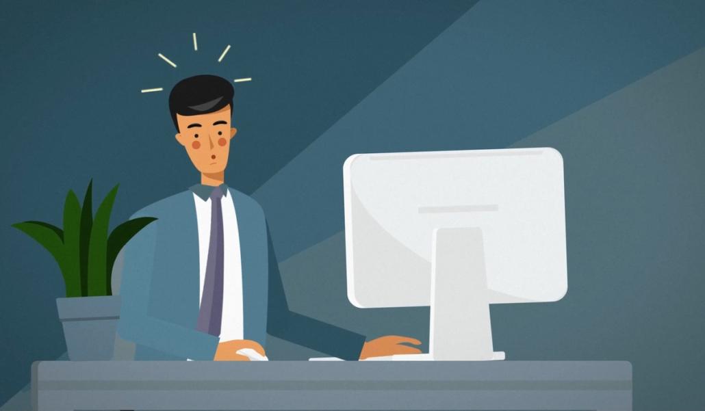 Have an explainer video produced individually in a 2D flat look and with character animation, as shown in this image, where a man in a turquoise suit, purple tie and black, short hair, sits at a desk in front of his computer monitor and looks smugly at us, while from his head radially -like a sun- short, yellow rays go off. A plant with green, thick leaves in a mouse-grey pot also stands on the left at the corner of the desk.