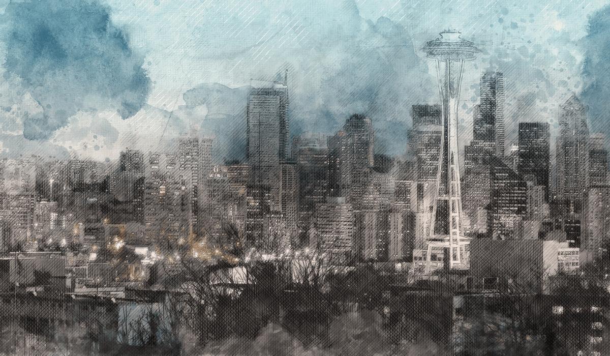Let’s create an explainer video, hand-drawn with analog technique, as seen here in this picture as an example, where a metropolis in panorama as a self-painted illustration can be seen. A mixed technique of pencil drawing and watercolor on watercolor paper was used here, with the city in black and white and the sky in turquoise tones.