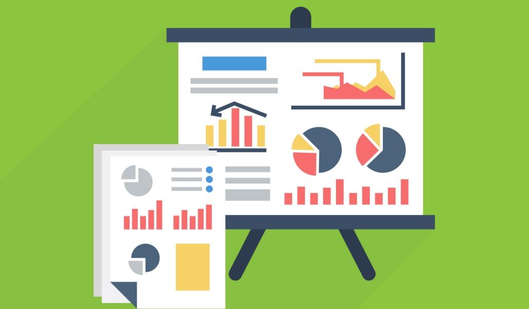 Explainer video created using infographics and icons, exemplified as shown in this image, which features a flipchart and documents against a green background with diagrams, infographics, and flat-style icons in predominant yellow/red tones.