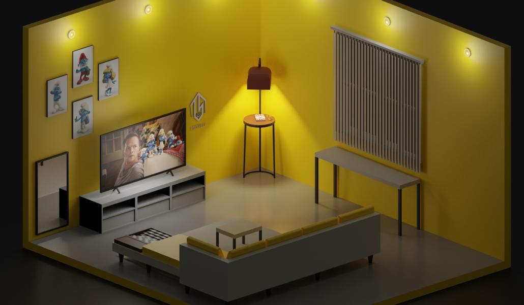 Make a video in isometric style, illustrated via this image, where a typical stylishly decorated living room with yellow wallpaper is shown three-dimensionally in isometric perspective. The parallel lines in the room are characteristic for this.