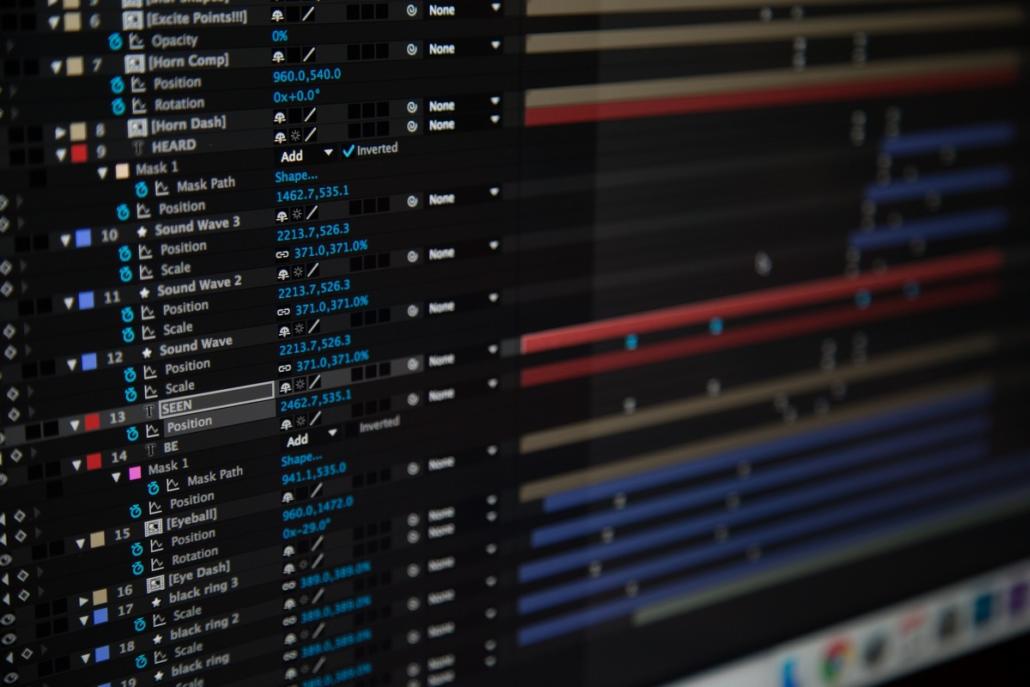 Shown in shallow depth of field is the layer hierarchy including timeline in After Effects.