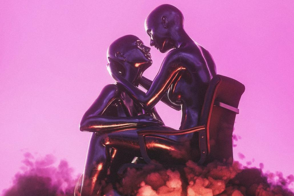 As an example of the work of an animation studio, we see here against a pink background two humanoid characters with chrome texturing, one of which is supposed to represent a woman, the other a man. The woman sits on a chair and holds the man in her arms, who is kneeling in front of her. Together they look into each other's eyes and are about to kiss. A pink-red smoke rises from the floor.