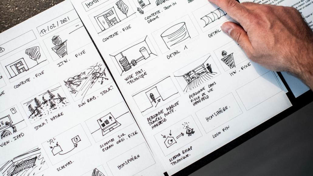 In close-up you can see a storyboard drawn in black and white, which is very often used by an explainer video company.